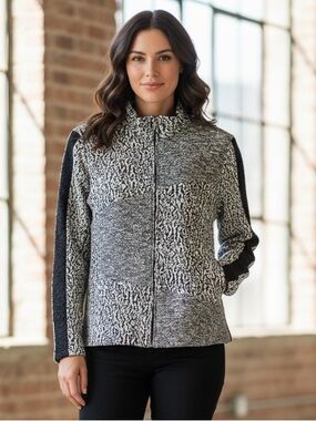 Erin London Black & White Patchwork Knit zip up Jacket size medium